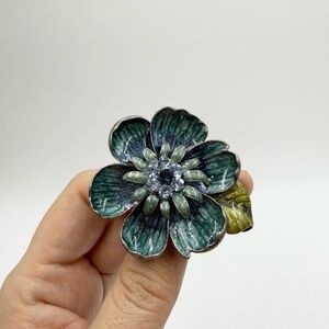 Vintage Teal Blue Enamel with Rhinestone Center Flower Brooch